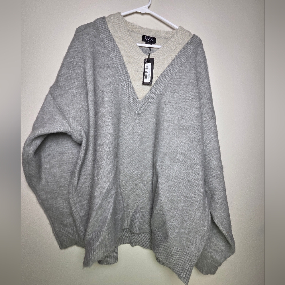 Nwt Boohoo Man Oversized Double Layer Brushed Knitted Jumper grey, size L.
